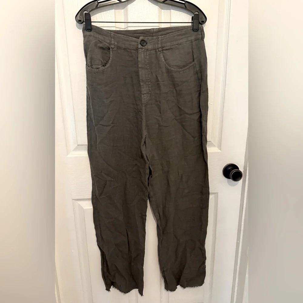ZARA Women’s Dark Gray Linen Blend High Waist Frayed Hem Straight Leg Pants